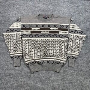 Barnaby Mens Vintage Style Geometric Intarsia Knit Crewneck Sweater Grey‎ Large